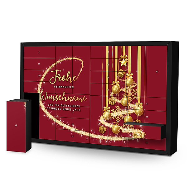 Personalisierter Adventskalender 24 Schachteln (Motiv: Weihnachtskugeln rot)