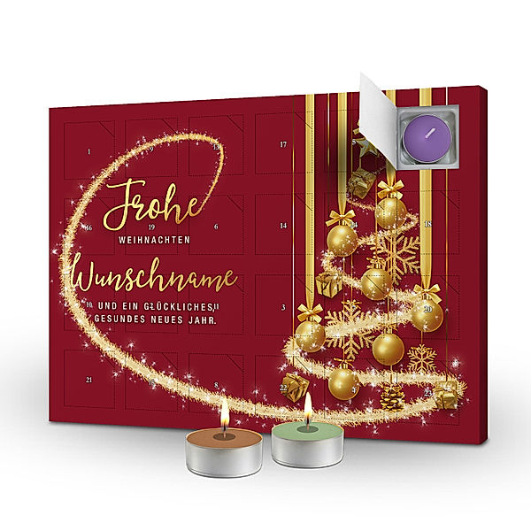 Personalisierter Duftkerzen-Adventskalender (Motiv: Weihnachtskugeln rot)