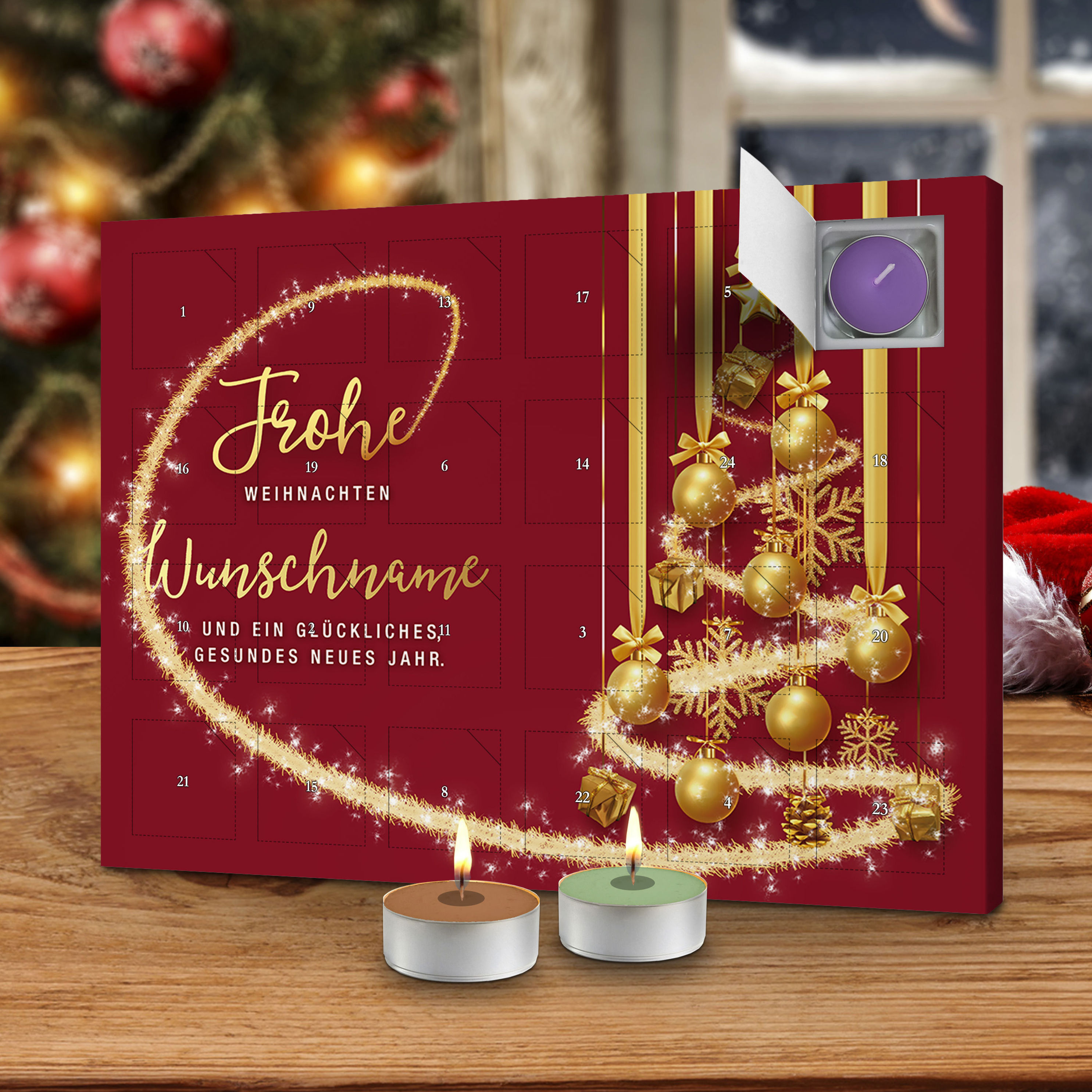 Personalisierter Duftkerzen-Adventskalender Motiv: Weihnachtskugeln rot -  Kalender bestellen