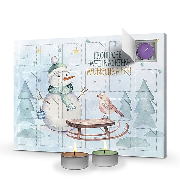 Personalisierter Duftkerzen-Adventskalender (Motiv: Schneemann und Schlitten)