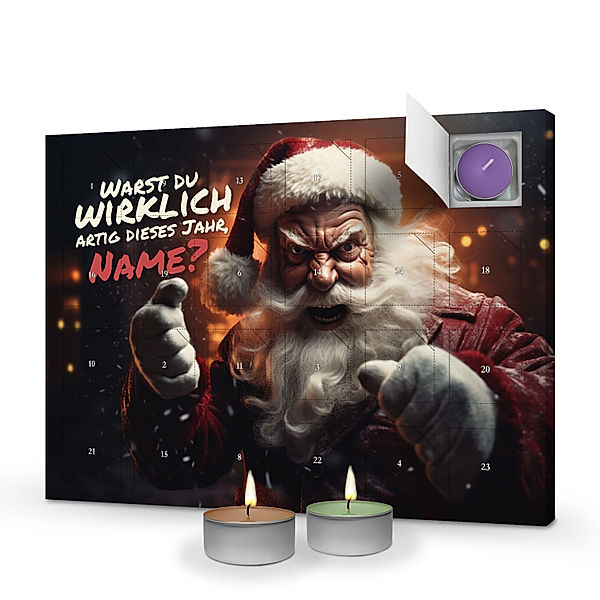 Personalisierter Duftkerzen-Adventskalender (Motiv: Bad Santa)