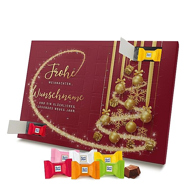 Personalisierter Ritter-Sport Adventskalender (Motiv: Weihnachtskugeln rot)