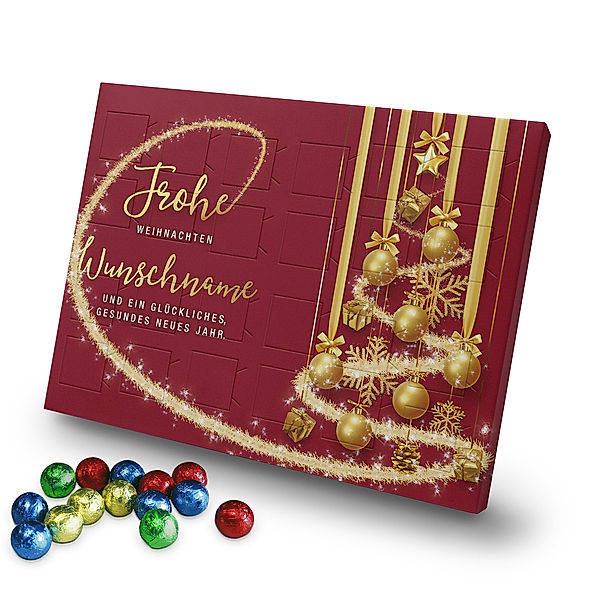 Personalisierter Schoko-Adventskalender (Motiv: Weihnachtskugeln rot)