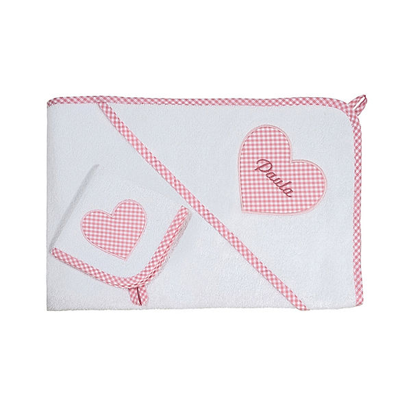 Lakaro Personalisiertes XL-Handtuch-Set HERZ rosa (Farbe: weiss)