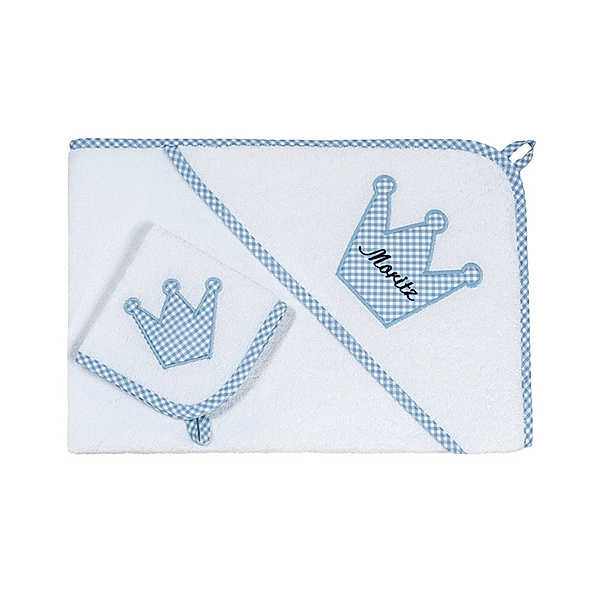 Lakaro Personalisiertes XL-Handtuch-Set KRONE hellblau (Farbe: weiss)