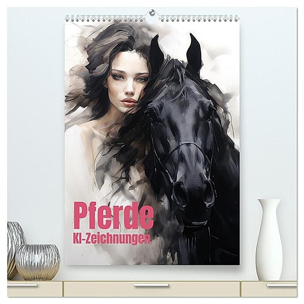 Pferde - KI-Zeichnungen (hochwertiger Premium Wandkalender 2025 DIN A2 hoch), Kunstdruck in Hochglanz, Calvendo, Liselotte Brunner-Klaus