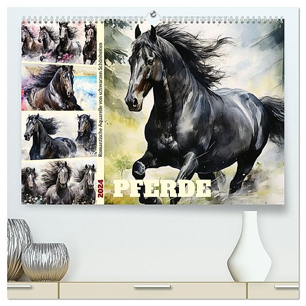 Pferde. Romantische Aquarelle von schwarzen Schönheiten (hochwertiger Premium Wandkalender 2024 DIN A2 quer), Kunstdruck in Hochglanz, Calvendo, Rose Hurley