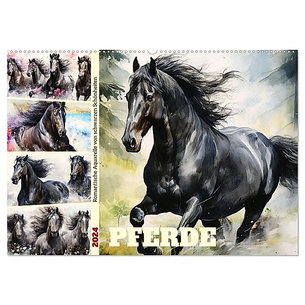 Pferde. Romantische Aquarelle von schwarzen Schönheiten (Wandkalender 2024 DIN A2 quer), CALVENDO Monatskalender, Calvendo, Rose Hurley