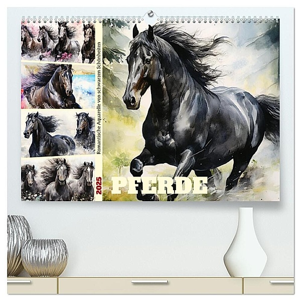 Pferde. Romantische Aquarelle von schwarzen Schönheiten (hochwertiger Premium Wandkalender 2025 DIN A2 quer), Kunstdruck in Hochglanz, Calvendo, Rose Hurley