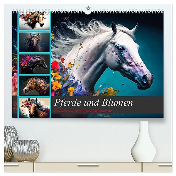 Pferde und Blumen (hochwertiger Premium Wandkalender 2024 DIN A2 quer), Kunstdruck in Hochglanz, Dirk Meutzner