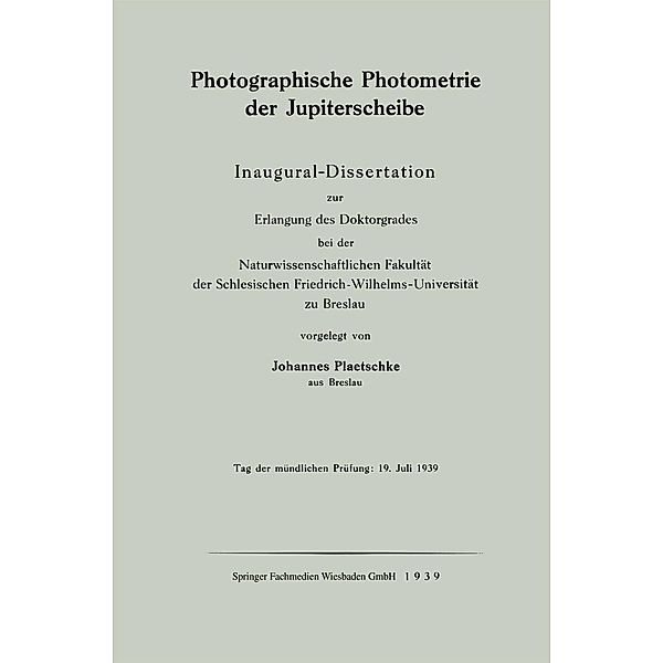 Photographische Photometrie der Jupiterscheibe, Johannes Plaetschke