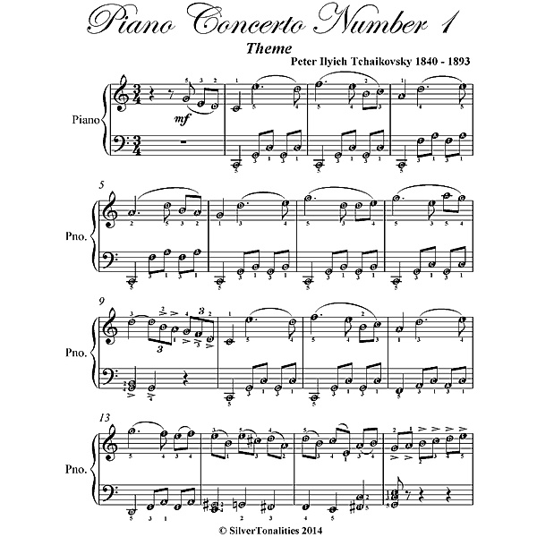 Piano Concerto Number 1 Easy Elementary Piano Sheet Music, Peter Ilyich Tchaikovsky