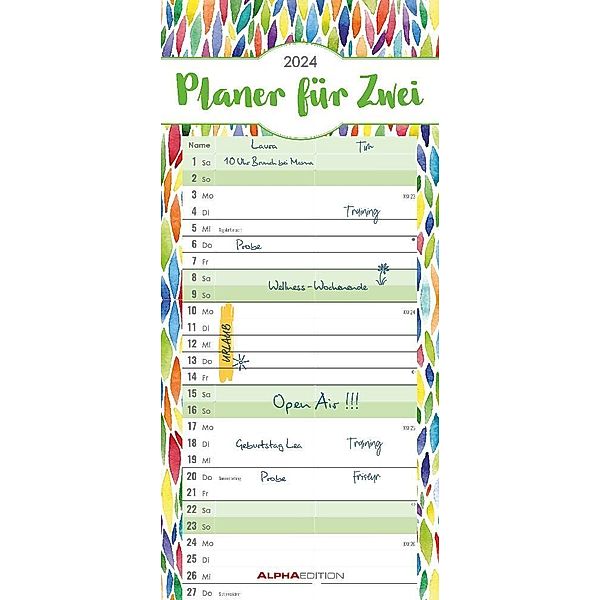 Planer für 2 Colours 2024 - Familienplaner 16x34,5 cm - Wandkalender - Streifenkalender - Platz für Notizen - bunt - Farben - Alpha Edition