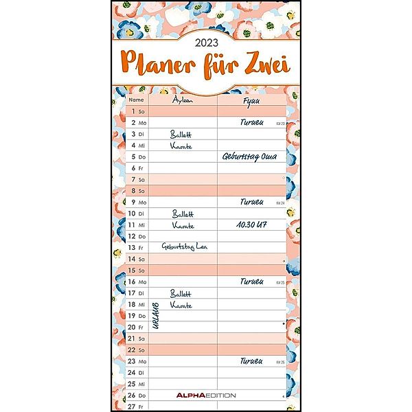 Planer für 2 Flowers 2023 - Familienplaner 16x34,5 cm - Wandkalender - Streifenkalender - Platz für Notizen - bunt - Far