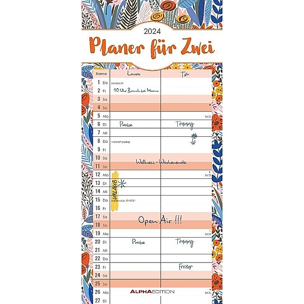 Planer für 2 Flowers 2024 - Familienplaner 16x34,5 cm - Wandkalender - Streifenkalender - Platz für Notizen - bunt - Farben - Alpha Edition