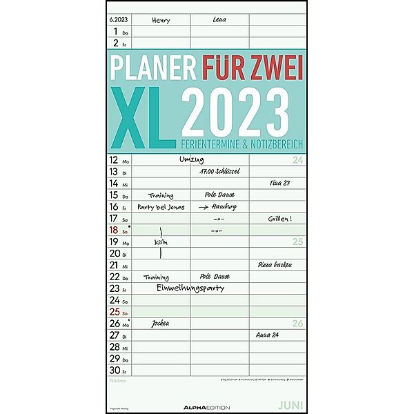 Planer für 2 XL 2023 mit 3 Spalten - Familien-Timer 22x45 cm - Offset-Papier - mit Ferienterminen - Wand-Planer - Famili