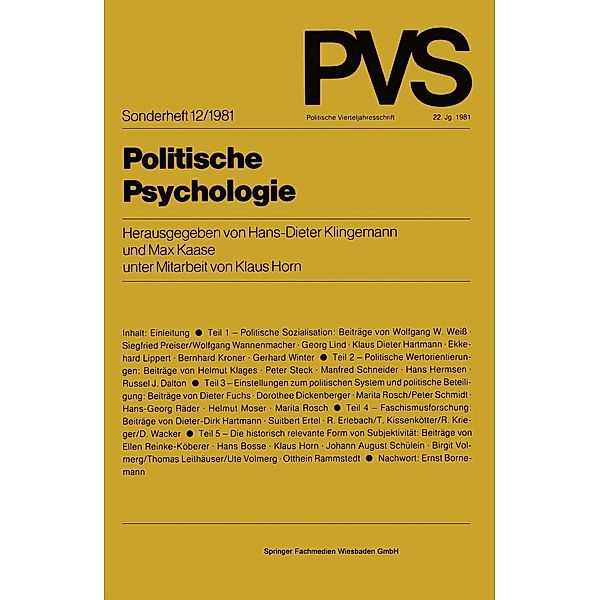 Politische Psychologie / Politische Vierteljahresschrift Sonderhefte Bd.12