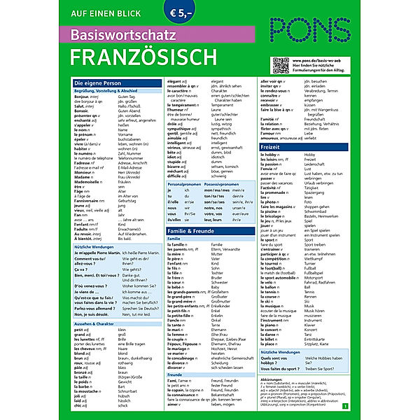 PONS auf einen Blick, Basiswortschatz Französisch