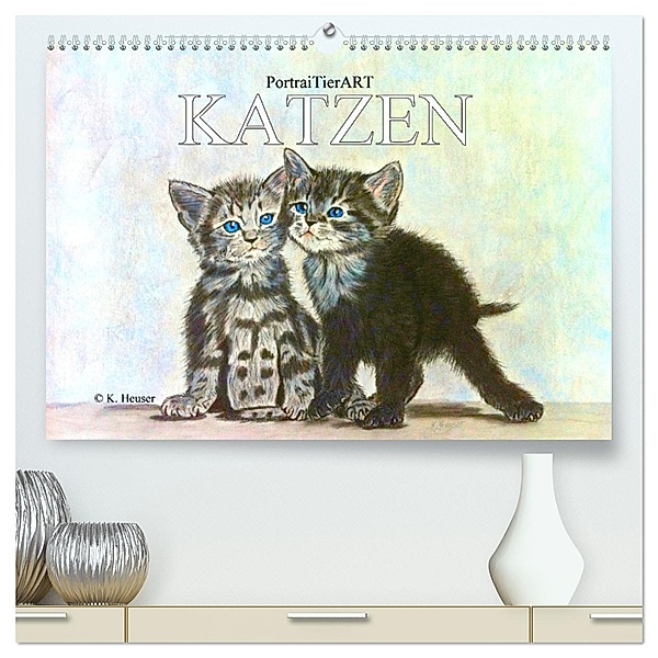 PortraiTierART KATZEN (hochwertiger Premium Wandkalender 2025 DIN A2 quer), Kunstdruck in Hochglanz, Calvendo, PortraiTierART Kerstin Heuser