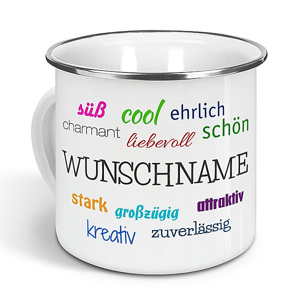 Positive Eigenschaften - Emaille-Tasse mit Namen