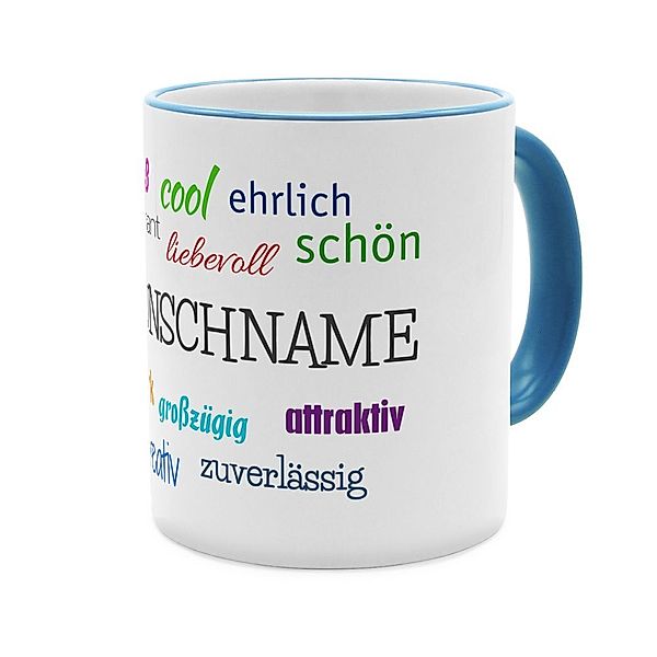 Positive Eigenschaften - Personalisierter Kaffeebecher (Farbe: Blau)