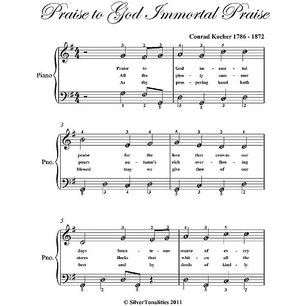 Praise to God Immortal Praise Easy Piano Sheet Music, Conrad Kocher