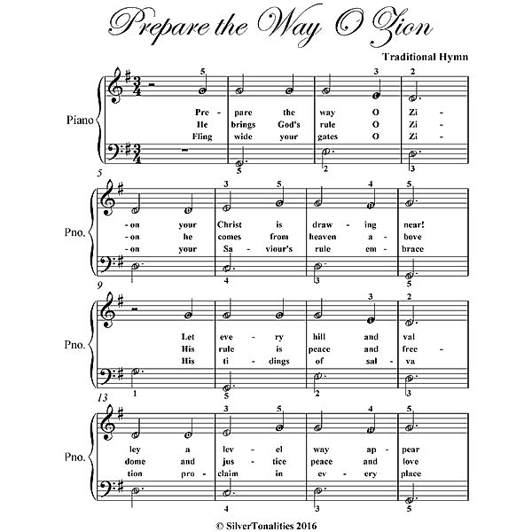 Prepare the Way O Zion Easy Piano Sheet Music, Traditional Hymn