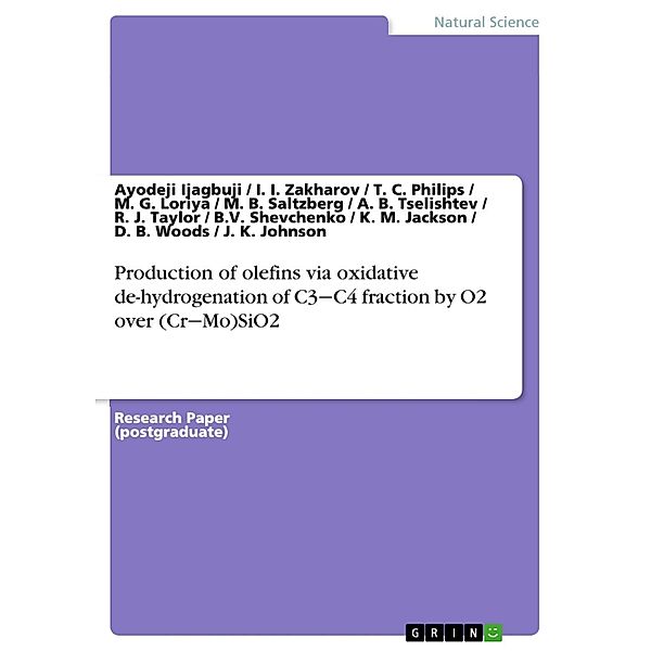 Production of olefins via oxidative de-hydrogenation of C3¿C4 fraction by O2 over (Cr¿Mo)SiO2, Ayodeji Ijagbuji, D. B. Woods, J. K. Johnson, I. I. Zakharov, T. C. Philips, M. G. Loriya, M. B. Saltzberg, A. B. Tselishtev, R. J. Taylor, B. V. Shevchenko, K. M. Jackson