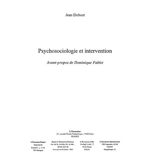 Psychosociologie et intervention / Hors-collection, Dubost Jean