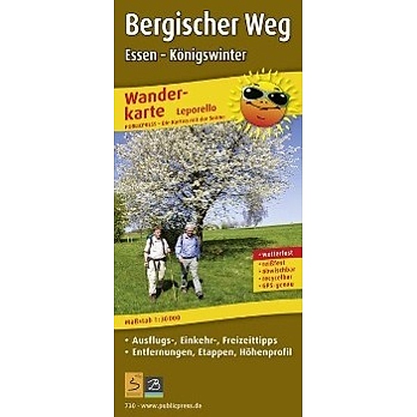 PublicPress Leporello Wanderkarte Bergischer Weg, Essen - Königswinter, 22 Teilktn.