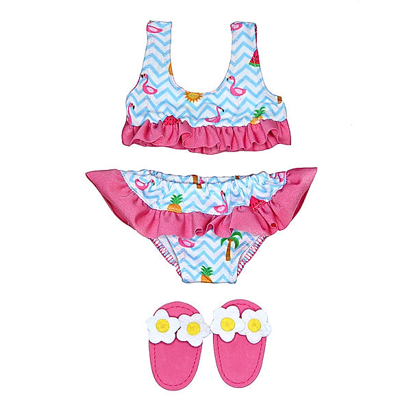 Heless Puppenkleidung FLAMINGO-BIKINI MIT BADESCHLÄPPCHEN (28-35cm) in blau/pink