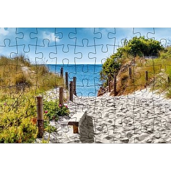 Puzzle-Postkarte Ostsee, Motiv: Holzweg in Dünen mit Sicht aufs Meer