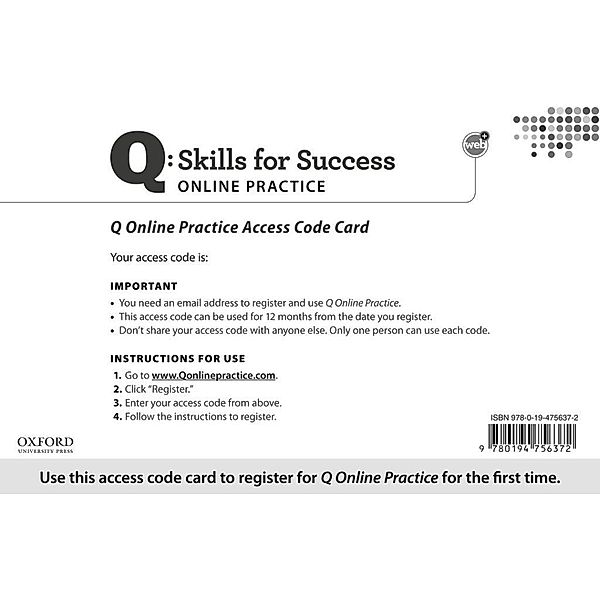 Q Online Practice. Student Access Code Card