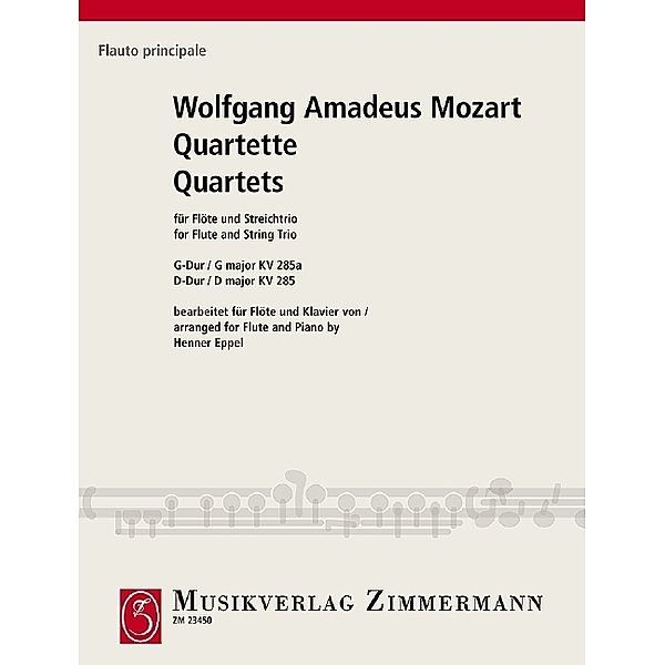 Quartette G-Dur KV 285a / D-Dur KV 285, für Flöte und Streichtrio, Klavierauszug, Wolfgang Amadeus Mozart