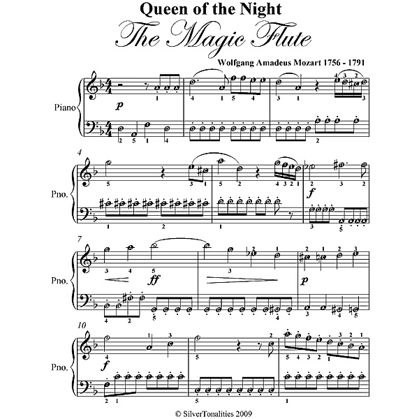 Queen of the Night the Magic Flute Easy Piano Sheet Music, Wolfgang Amadeus Mozart