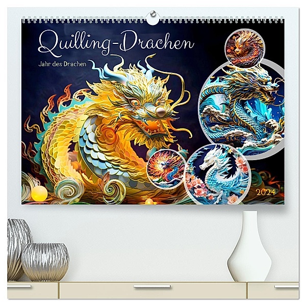 Quilling-Drachen - Jahr des Drachen (hochwertiger Premium Wandkalender 2024 DIN A2 quer), Kunstdruck in Hochglanz, Calvendo, Anja Frost