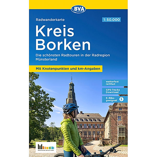 Radwanderkarte BVA Kreis Borken mit Knotenpunkten und km-Angaben, 1:50.000, reiss- und wetterfest, GPS-Tracks Download, E-Bike-geeignet