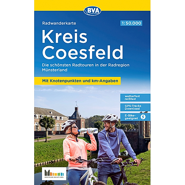 Radwanderkarte BVA Kreis Coesfeld mit Knotenpunkten und km-Angaben, 1:50.000, reiss- und wetterfest, GPS-Tracks Download, E-Bike geeignet