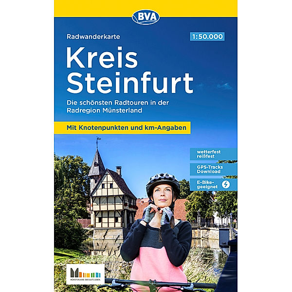 Radwanderkarte BVA Kreis Steinfurt mit Knotenpunkten und km-Angaben, 1:50.000, reiß- und wetterfest, GPS-Tracks Download, E-Bike geeignet