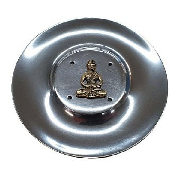 Räucherstäbchenhalter Buddha Messingrelief auf Metall rund 10 cm