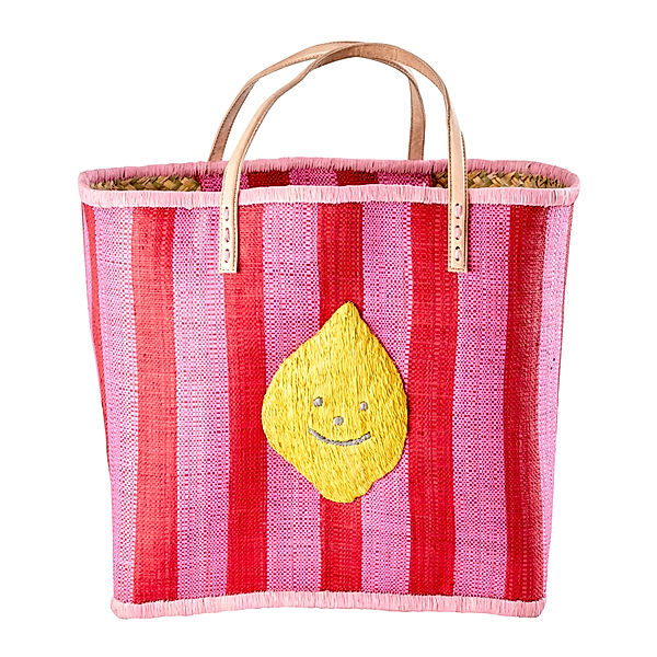 rice Raffia-Handtasche LEMON (33x46x16) mit Leder in red/pink