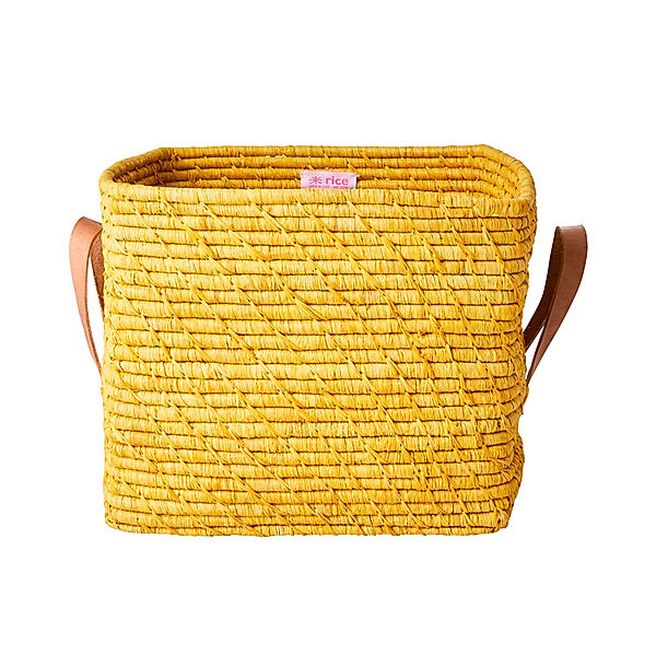 rice Raffia-Korb LEATHER HANDLES in gelb