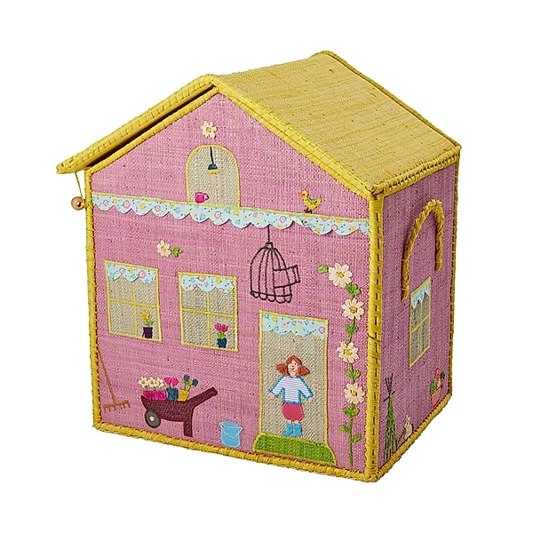 rice Raffia-Spielzeugkiste HOUSE MEDIUM (43x28x36) in rosa/bunt