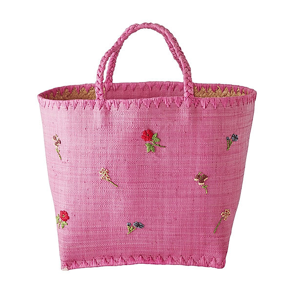 rice Raffia-Tasche FLOWERS L (25x35) in pink