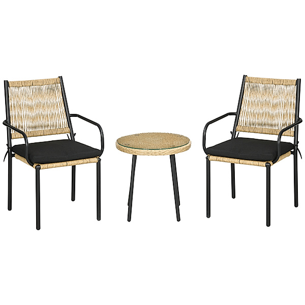 Rattan Bistro-Set mit 2 Stühlen schwarz, natur (Farbe: mehrfarbig)