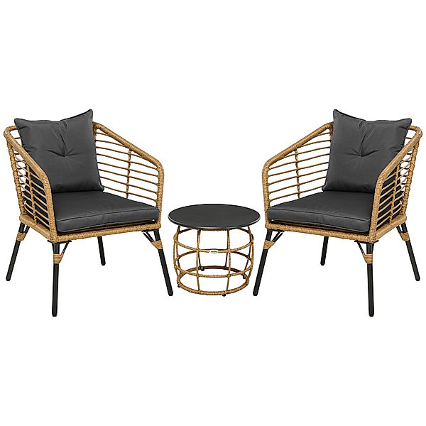 Rattan Gartenmöbel-Set mit Sitzkissen schwarz, natur (Farbe: mehrfarbig)