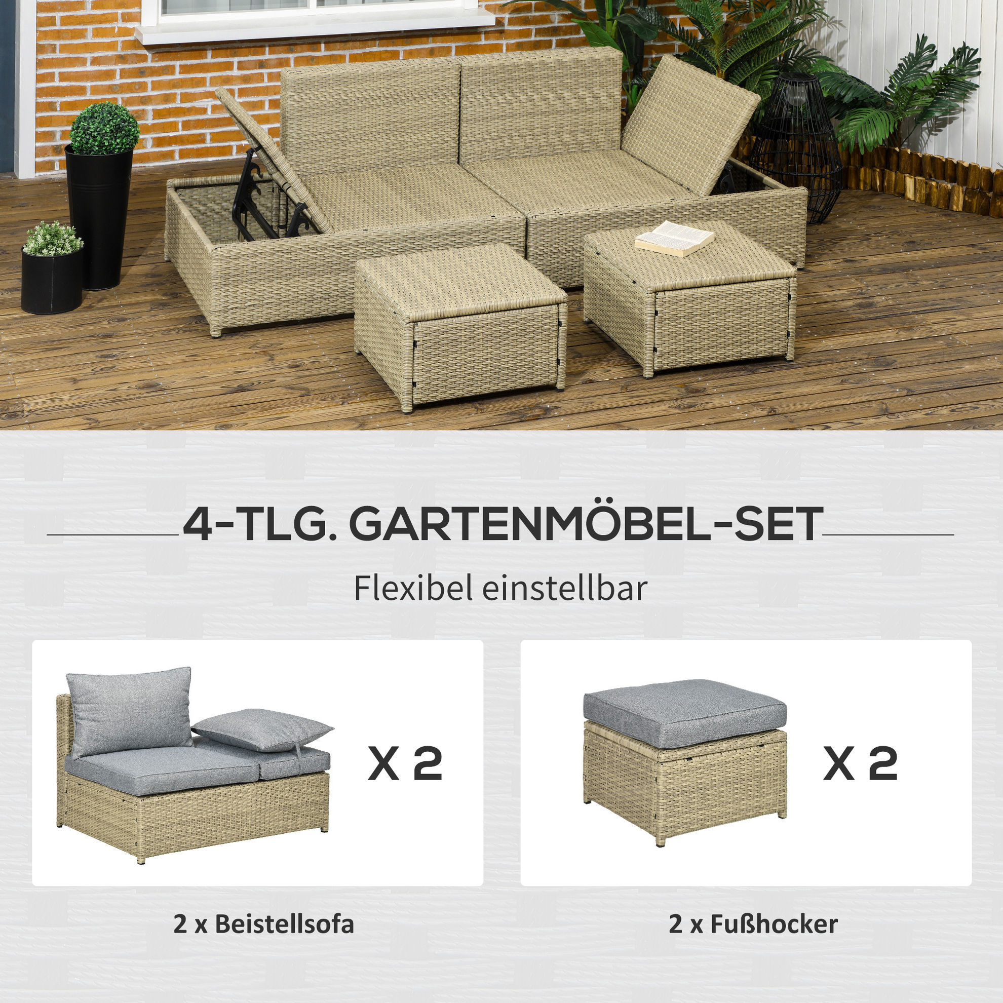 Rattan Gartenmöbel-Set mit Stauraum und Polsterkissenauflagen grau Farbe:  grau | Weltbild.de