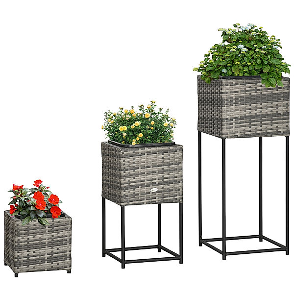 Rattan Hochbeet Set mit Metallgestell grau (Farbe: grau)