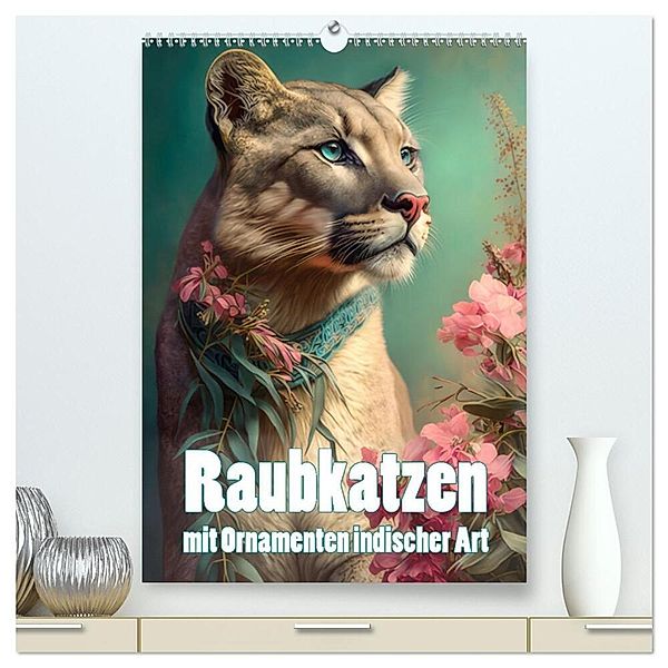 Raubkatzen mit Ornamenten indischer Art (hochwertiger Premium Wandkalender 2024 DIN A2 hoch), Kunstdruck in Hochglanz, Liselotte Brunner-Klaus