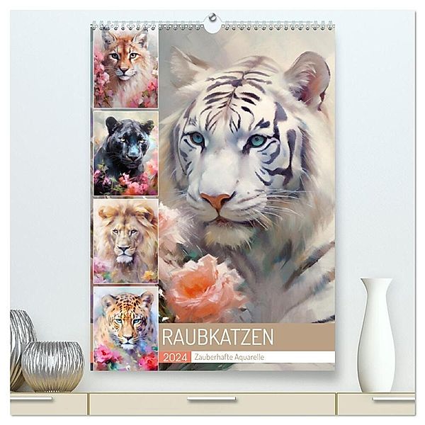 Raubkatzen. Zauberhafte Aquarelle (hochwertiger Premium Wandkalender 2024 DIN A2 hoch), Kunstdruck in Hochglanz, Rose Hurley